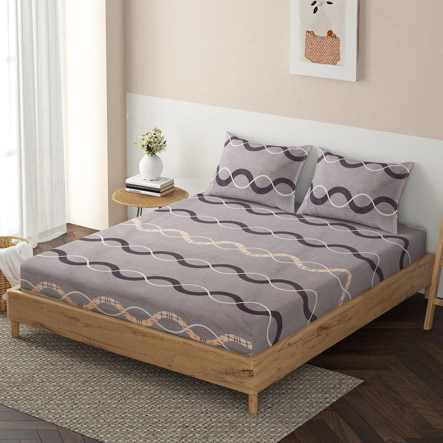 140 GSM Microfiber Fitted Bedsheet with 2 Pillow Covers for Queen / King Size bed, Elegant Grey Waves